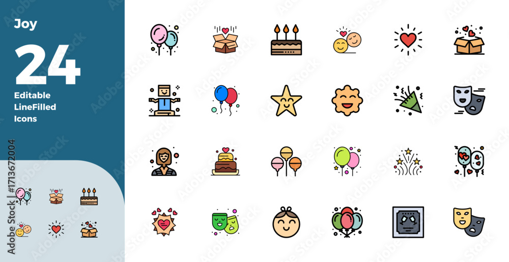 Fototapeta premium 24 Flat Line Filled PIXEL Perfect Vector Icons for Joy Graphics