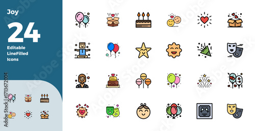 24 Flat Line Filled PIXEL Perfect Vector Icons for Joy Graphics