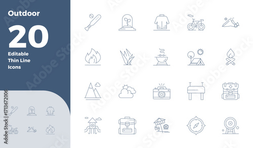 20 PIXEL Perfect Vector Icons themed around Outdoor in 128x128 Slim Line format