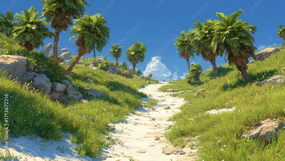 Fototapeta premium Sunny path winds through lush tropical hillside, dotted with palm trees, rocks, and wildflowers under a bright blue sky