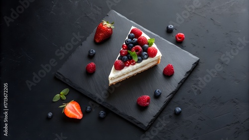 Slice of cake with fresh berries on black matte table, minimal clean setup, bright colorful presentation, top-down food photography, modern styling, copy space included