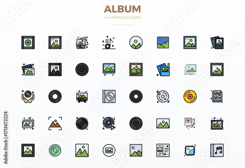 Album Vector Icon Arsenal with 40 128x128 Flat Line Filled PIXEL Perfect designs