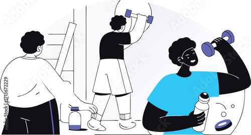Modern vector illustration of diverse people exercising and staying healthy at home