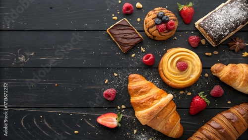 Flat lay of assorted croissants and pastries on black rustic wooden table, vibrant colorful baked goods, minimal props, clean top-down food photography, negative space for text