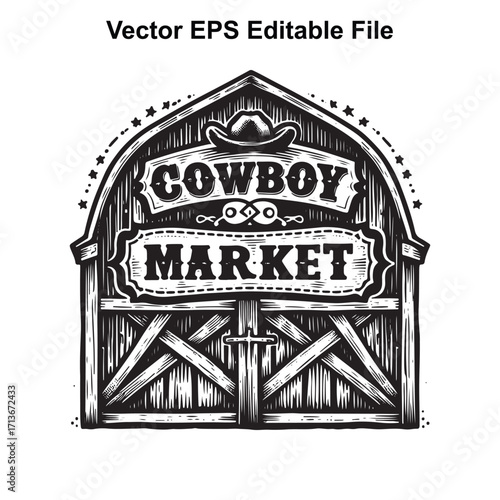 Vector art of vintage cowboy market sign on a barn door