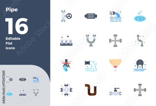 16 PIXEL Perfect Vector Icons themed around Pipe in 128x128 Flat format