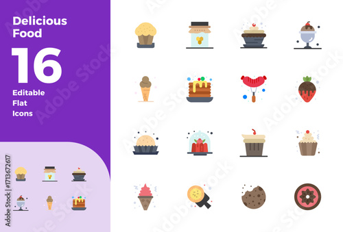16 Flat Vector Icons designed for Delicious Food in 128x128 PIXEL Perfect format