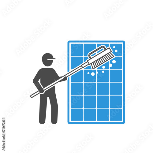 Worker cleaning solar panel with long-handled brush.