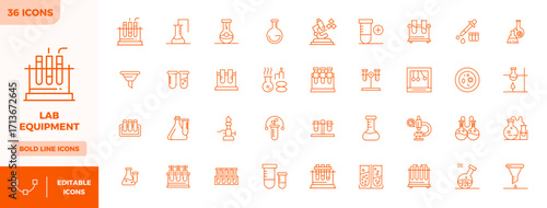 Lab Equipment Vector Icon Collection with 36 128x128 Bold Line Designs