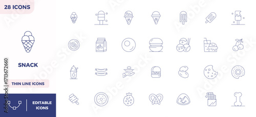 Snack Visual Pack containing 28 Thin Outline PIXEL Perfect Vector Icons
