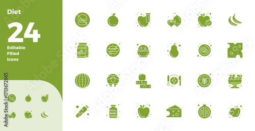 Diet Vector Icon Library with 24 Glyph 128x128 PIXEL Perfect Designs