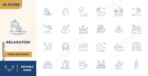 Relaxation Vector Graphics Pack including 24 Thin Outline 128x128 PIXEL Perfect Icons