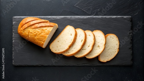 Flat lay of a sliced loaf of bread on dark slate background, minimal clean setup, bright natural colors, modern top-down food photography, wide space for text