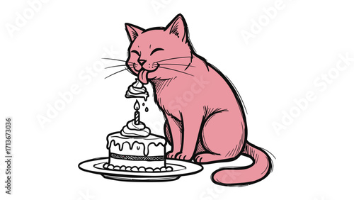 Feline's Sweet Feast: An adorable illustration of a cat enthusiastically savoring a piece of cake. With closed eyes, it's licking away the frosting.