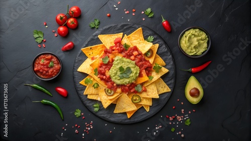 Flat lay of nachos with cheese, salsa, and guacamole on dark slate surface, vibrant colorful ingredients, clean top-down food photography, modern styling, negative space included