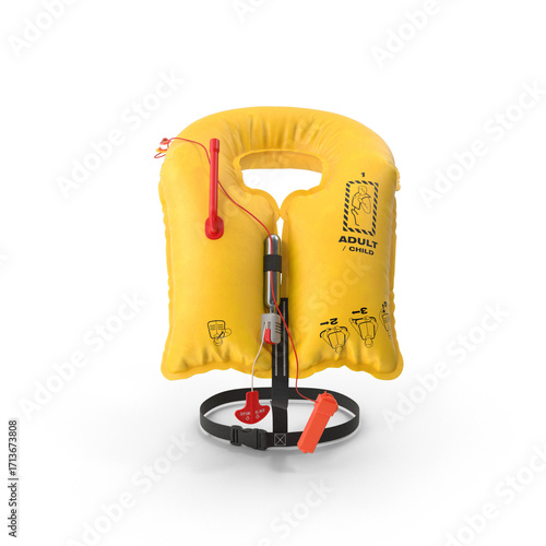 Yellow dual cell aircraft life vest safety equipment isolated display