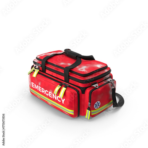 Red emergency bag with white cross used for rescue operations