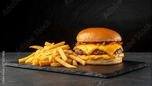 Bright burger and fries combo on dark slate table, clean minimal top-down food photography, vibrant and appetizing, modern styling, negative space included for text