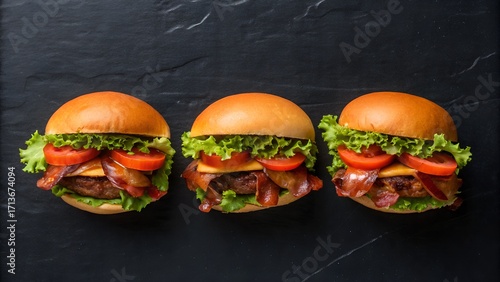 Flat lay of sliders arranged neatly on black matte background, vibrant fresh ingredients, minimal props, clean top-down food photography, modern styling, space for branding or text