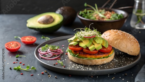 Minimal plant-based burger with colorful fresh toppings on dark concrete table, bright and appetizing, modern clean flat lay, top-down food photography, wide space for text