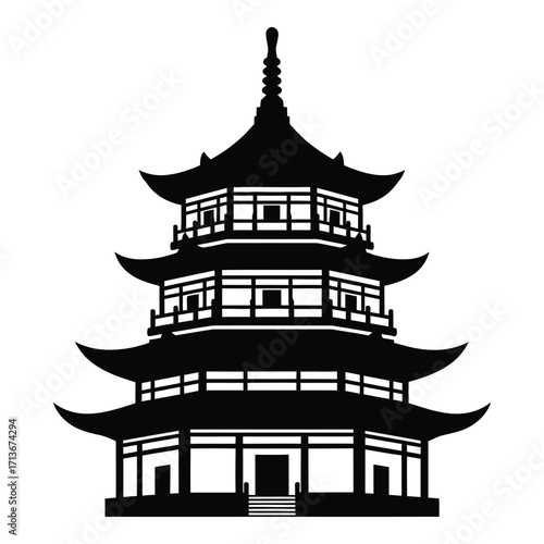 Black silhouette of a multi-tiered traditional asian pagoda building architecture