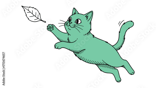 Playful Pounce: A charming feline leaps towards a falling leaf, captured in a whimsical illustration, evoking joy and the simple pleasures of life.