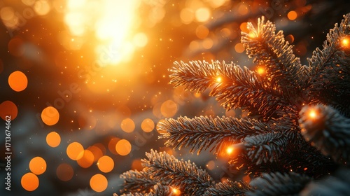 Wallpaper Mural Snowy Christmas tree branch, golden bokeh, winter sunset, holiday card Torontodigital.ca