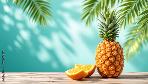 An image showcases a tropical theme with a pineapple and an orange sitting together on a wooden table with a blue wall in the background