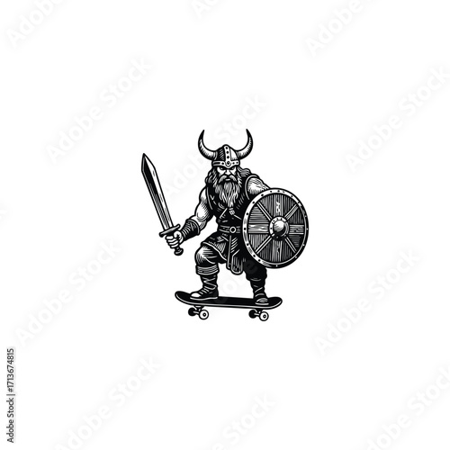 vector illustration featuring a Viking warrior in armor and a horned helmet, holding a sword and shield, while riding a skateboard