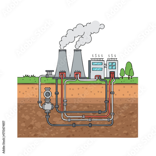 Vibrant flat 2D vector of a cross-section view showing geothermal pipes extracting heat from deep earth to power a compact energy plant with rising steam, on white.