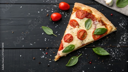 Flat lay of margherita pizza slice on black rustic wooden table, vibrant fresh toppings, minimal props, clean top-down food photography, modern styling, space for text