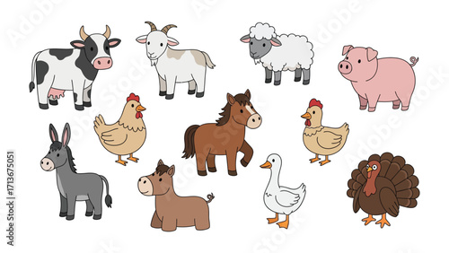 Farm Animal Collection: An array of cute cartoon farm animals, each rendered in a clean illustration style, perfect for educational content or children's resources.