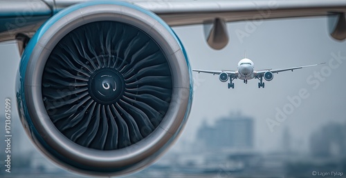 Close-up of a large jet engine with a smaller plane landing in the background, city skyline visible