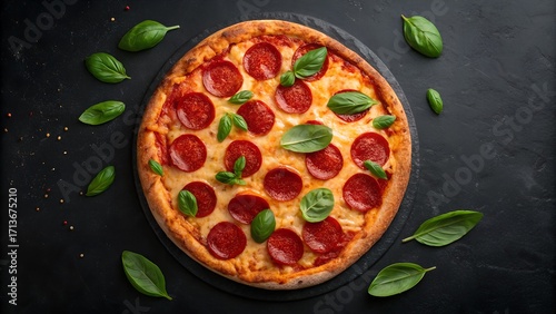 Overhead view of pepperoni pizza with fresh basil on black matte table, bright colorful ingredients, clean modern styling, top-down food photography, negative space included