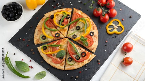 Flat lay of veggie pizza with bell peppers, olives, and tomatoes on dark slate surface, minimal props, clean colorful top-down view, modern food styling, wide space for text