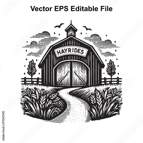 Vector art of vintage barn with hayrides sign and winding path, black and white illustration