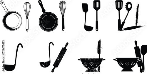 Black and white kitchen utensils silhouettes including frying pans, whisks, ladles, spatulas, rolling pin, colanders, and cooking tools