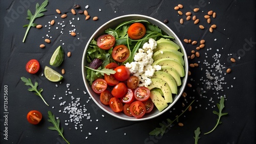 Flat lay of salad bowl with cherry tomatoes, avocado, arugula, and feta on black matte table, colorful healthy meal, minimal styling, top-down food photography, negative space included