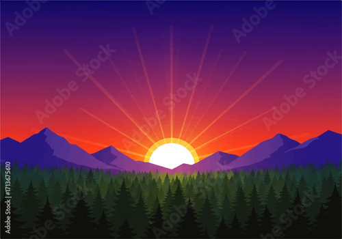 A vibrant sunset illustration featuring a bright sun over a forest and mountain range, with radiating light beams against a colorful sky.