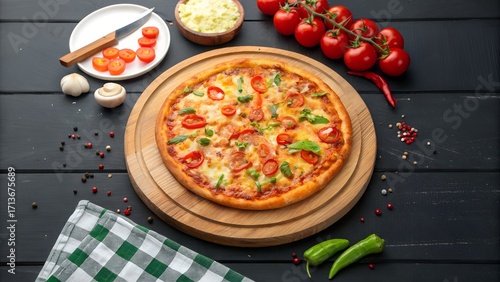 Bright flat lay of whole pizza on wooden board on black rustic table, vibrant and appetizing, clean top-down view, modern food styling, healthy ingredients, space for text