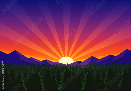 A vibrant sunrise or sunset over a mountain range and forest, with radiating light beams filling the colorful sky.