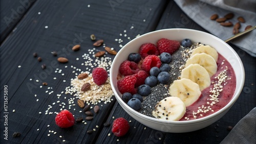 Minimal breakfast smoothie bowl with berries, banana slices, and seeds on black rustic wood, bright flat lay, clean healthy meal, modern top-down food photography, space for text