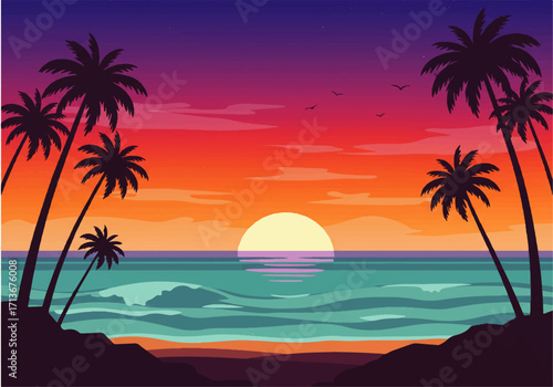 A vibrant sunset over the ocean with palm trees silhouetted against a colorful sky, waves gently rolling onto the sandy beach.
