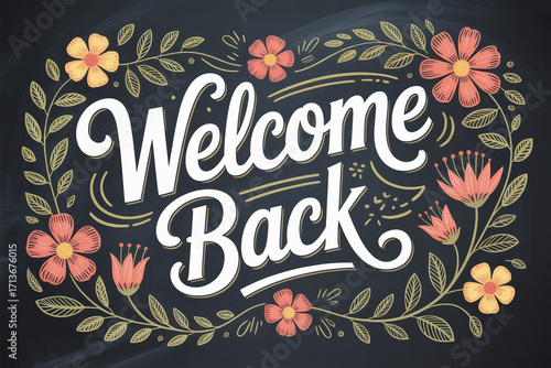 Chalkboard art with blooming flowers and leaves announces a warm and inviting 