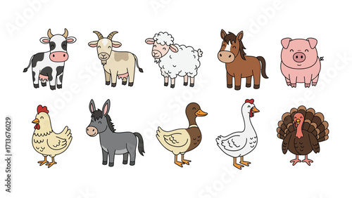 Farm Animal Collection: A delightful collection of illustrated farm animals stands in neat row. Including a cow, goat, sheep, horse, pig, chicken, donkey, duck, goose, and turkey.