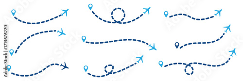 Flight plane map. Plane flight with arrow. Airline map route. Airplane line path icon. Air plane flight route with line trace. Map pins, location pins. Travel from start point and dotted line tracing.