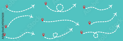 Flight plane map. Plane flight with arrow. Airline map route. Airplane line path icon. Air plane flight route with line trace. Map pins, location pins. Travel from start point and dotted line tracing.