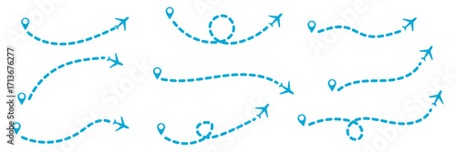 Flight plane map. Plane flight with arrow. Airline map route. Airplane line path icon. Air plane flight route with line trace. Map pins, location pins. Travel from start point and dotted line tracing.