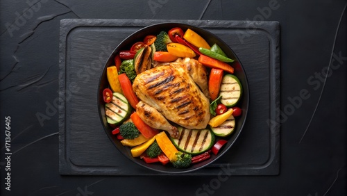 Flat lay of grilled chicken with roasted vegetables on black matte table, colorful healthy meal, minimal props, negative space for text, top-down modern food photography, appetizing and vibrant