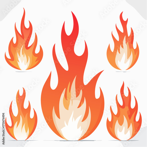 A vibrant vector illustration set of burning flames, with fiery orange and red elements symbolizing heat and danger